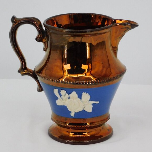 Antique Victorian Staffordshire Pottery Copper Lusterware Jug Embossed Rose FLAW - Picture 3 of 13